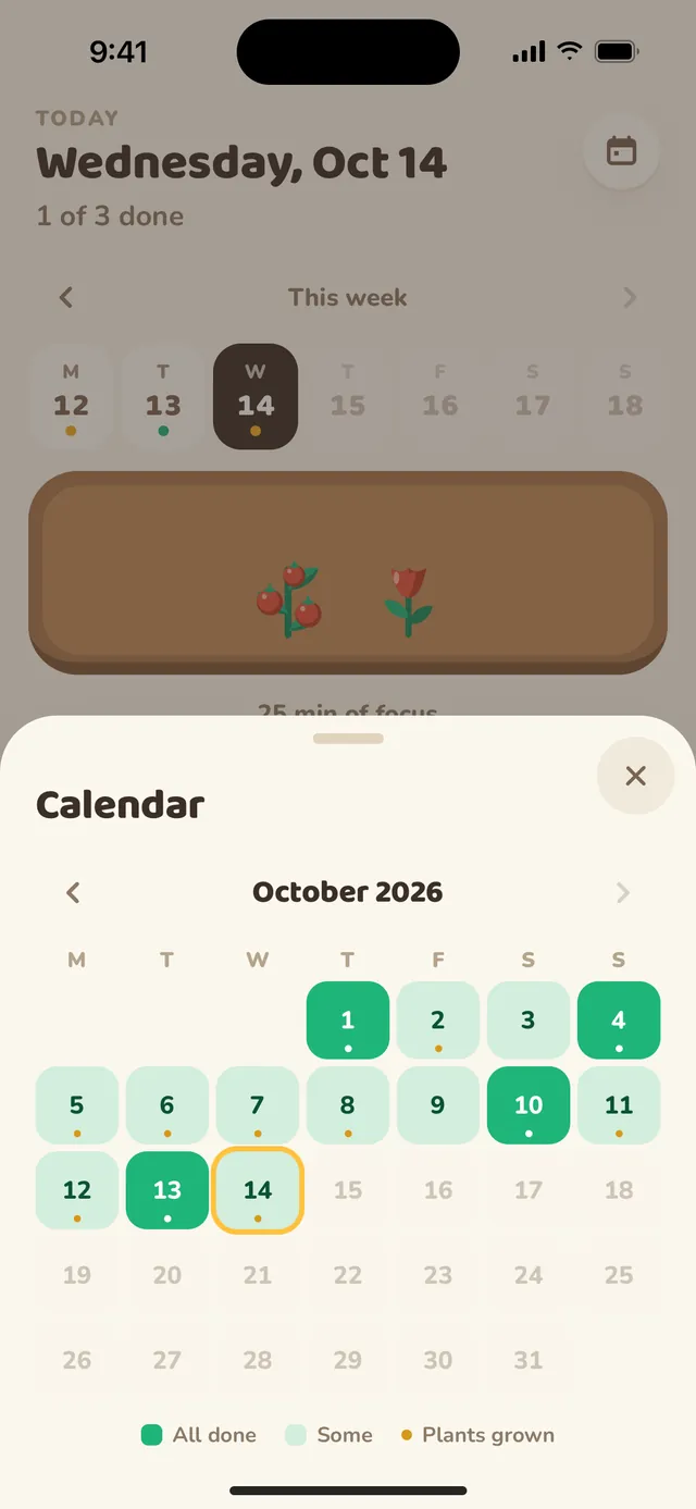 A month calendar of past gardens, days filled in green