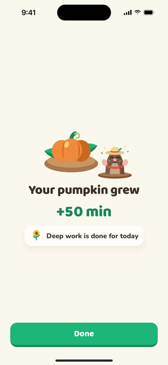 A grown pumpkin next to Mo the mole: Your pumpkin grew, plus 50 minutes