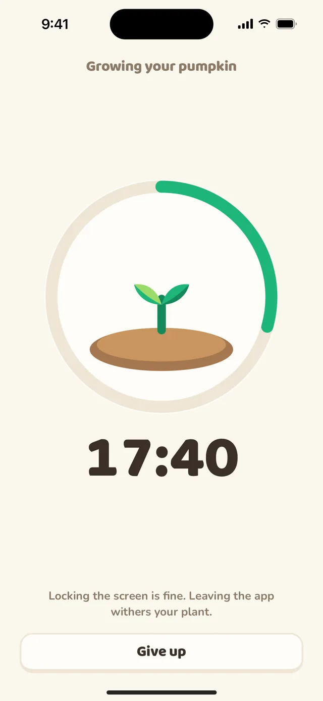 HabitBarn's focus screen: a young sprout growing inside a progress ring, 17:40 left